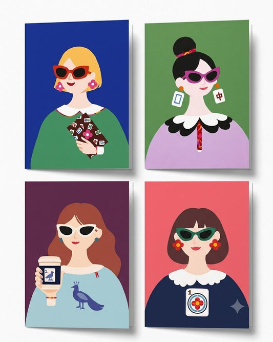 Modern Muses greeting card set featuring four Mahjong-inspired illustrated card designs from the Modern Muses collection