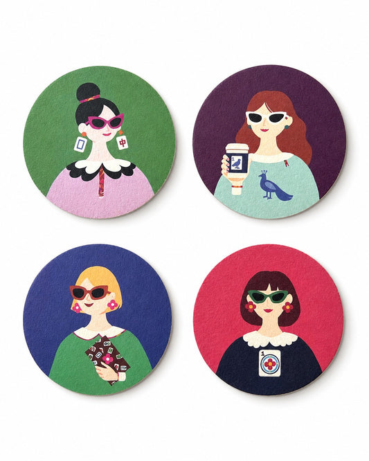 Modern Muses Series 01 coaster set featuring four illustrated Mahjong-inspired women in vibrant colors