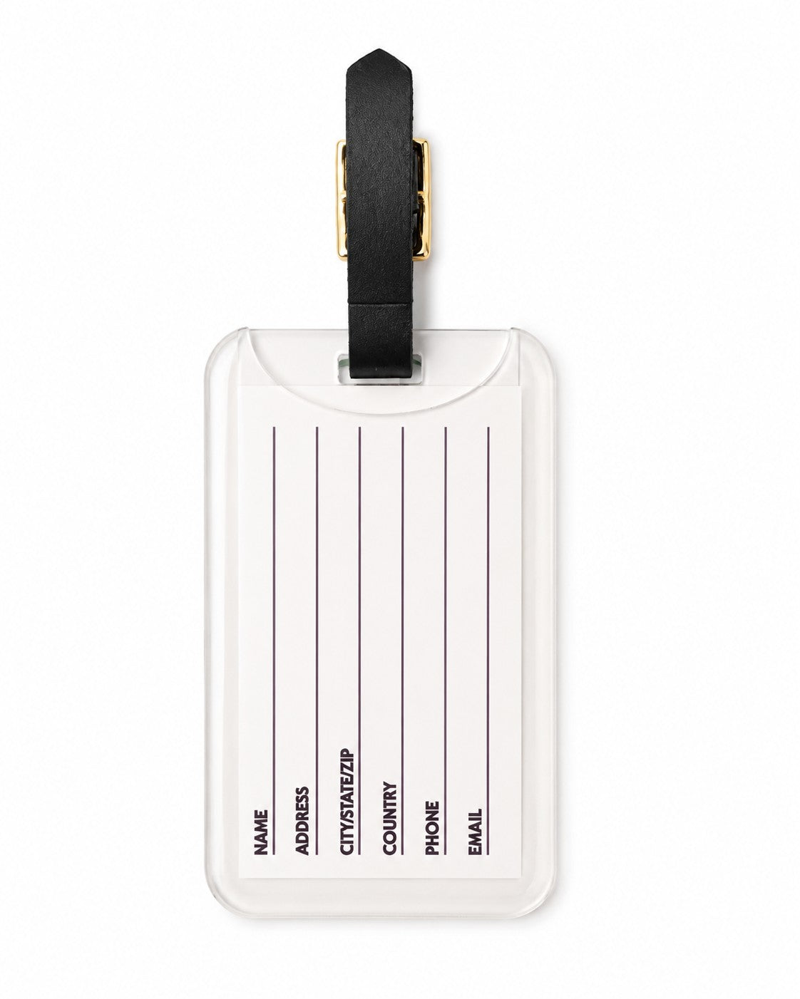 Back of The One and Only Prime Dot acrylic luggage tag with identification card slot and black leather strap