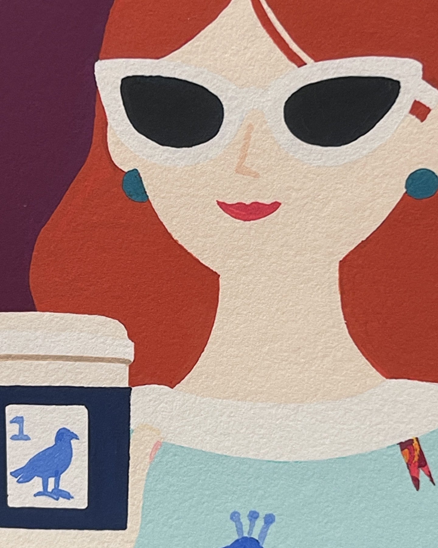 Close-up detail of the Before the Game artwork featuring a modern muse holding a coffee cup with Bird Bam tile details.