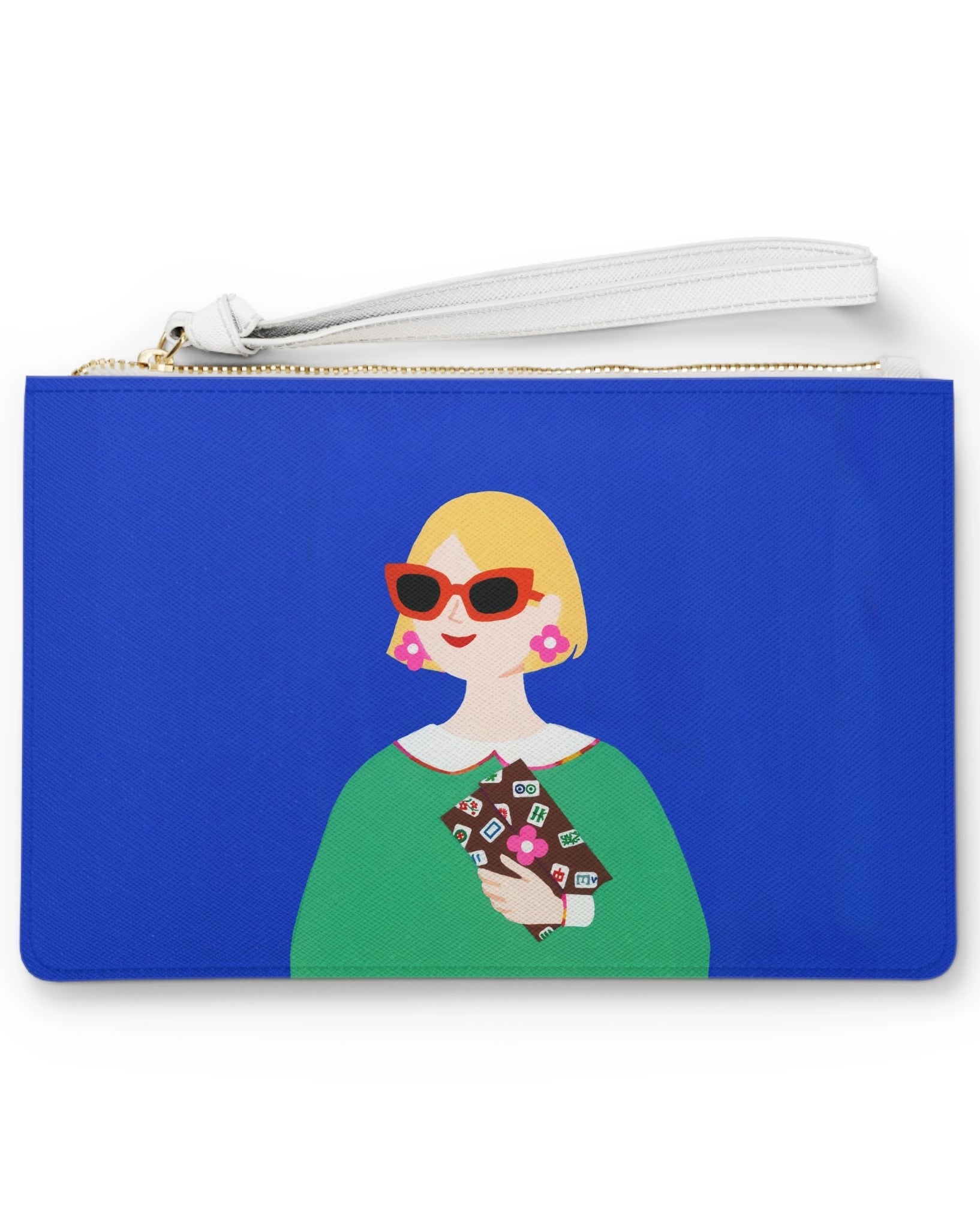 Lucky Tiles clutch bag featuring a stylish modern muse with bold sunglasses and a Mahjong-inspired clutch against a cobalt blue background