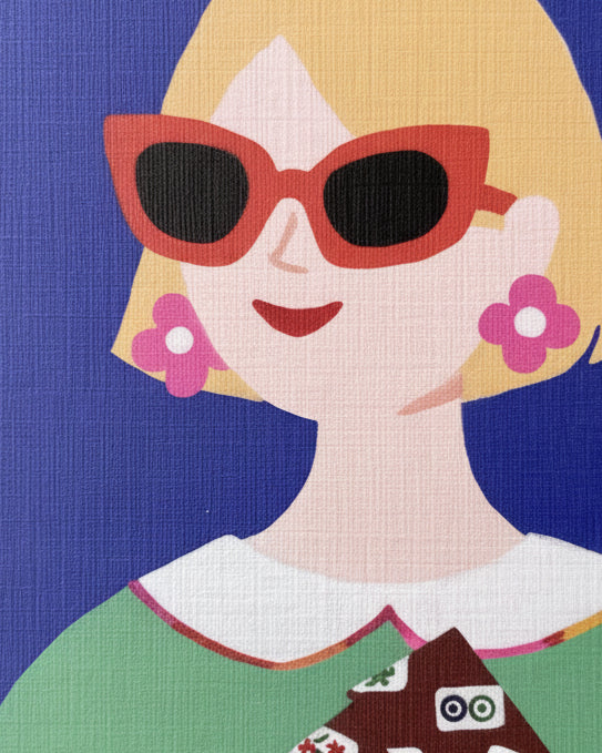 Close-up of Lucky Tiles greeting card featuring a stylish woman wearing sunglasses and carrying a Mahjong-inspired clutch