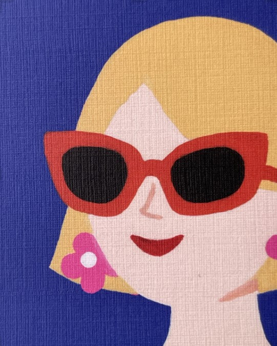 Close-up of Lucky Tiles greeting card featuring a stylish woman with bold sunglasses and a Mahjong-inspired clutch