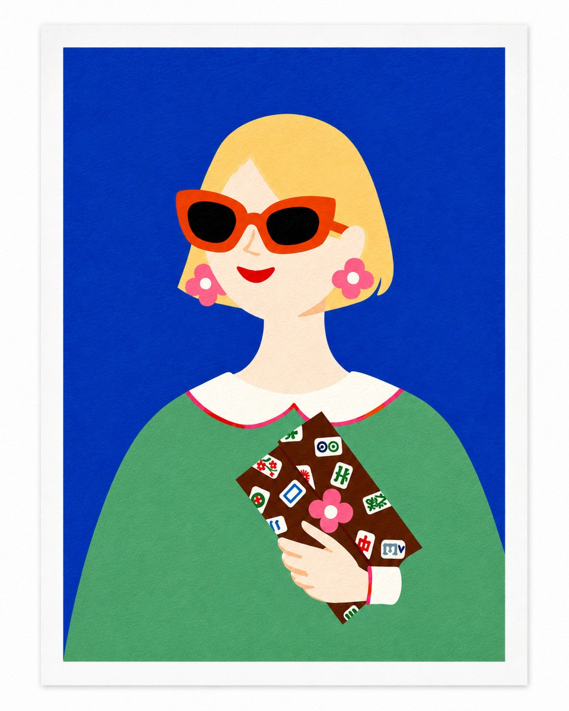 Lucky Tiles art print featuring a modern muse holding a Mahjong tile patterned clutch in bold cobalt blue and vivid green tones.