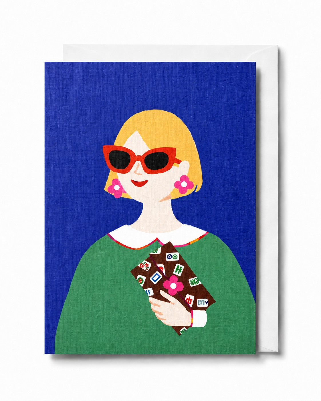 Lucky Tiles greeting card featuring a stylish illustrated woman wearing sunglasses and carrying a Mahjong-inspired clutch against a cobalt blue background