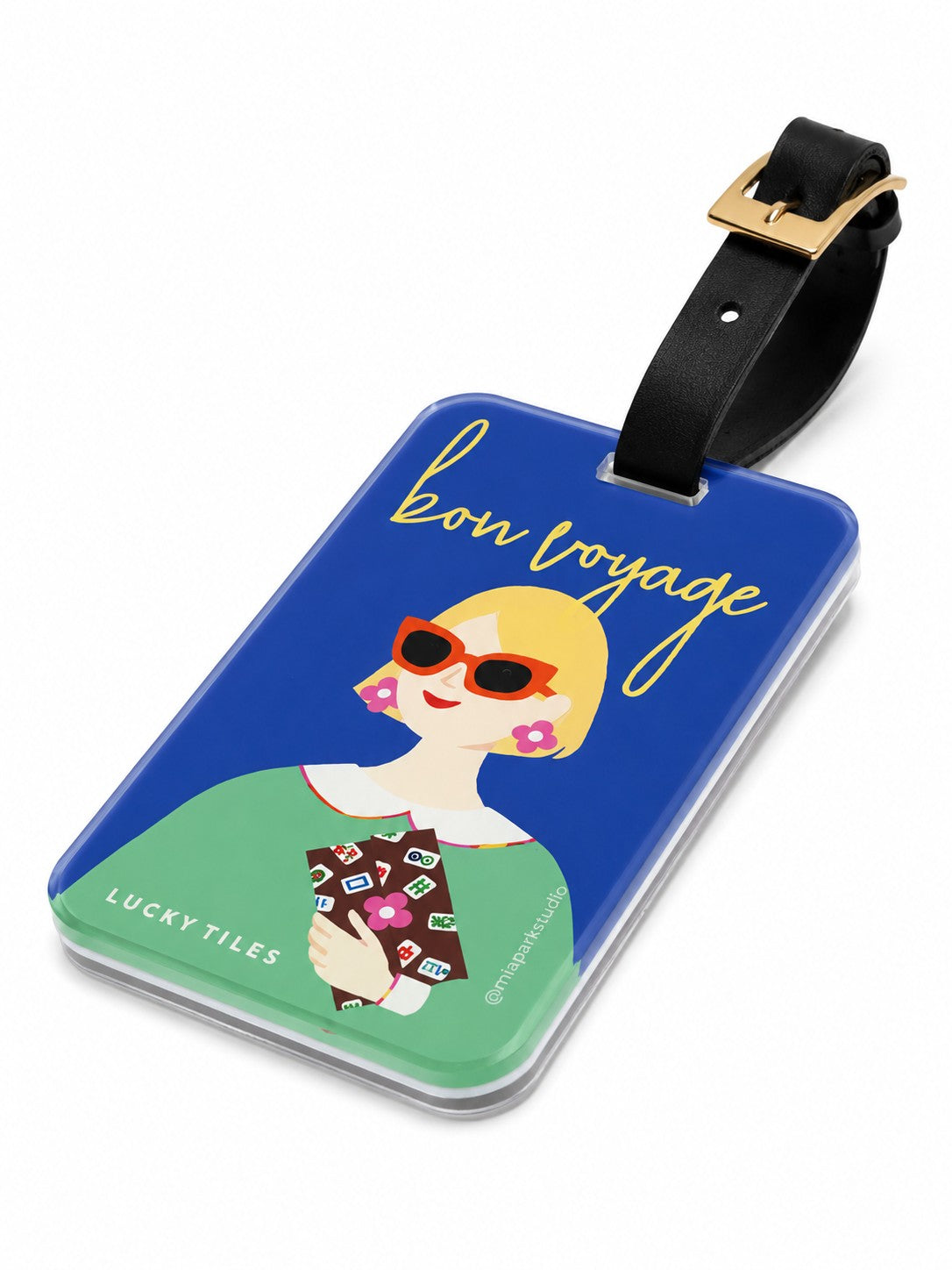 Lucky Tiles acrylic luggage tag featuring a stylish modern muse and Mahjong-inspired artwork