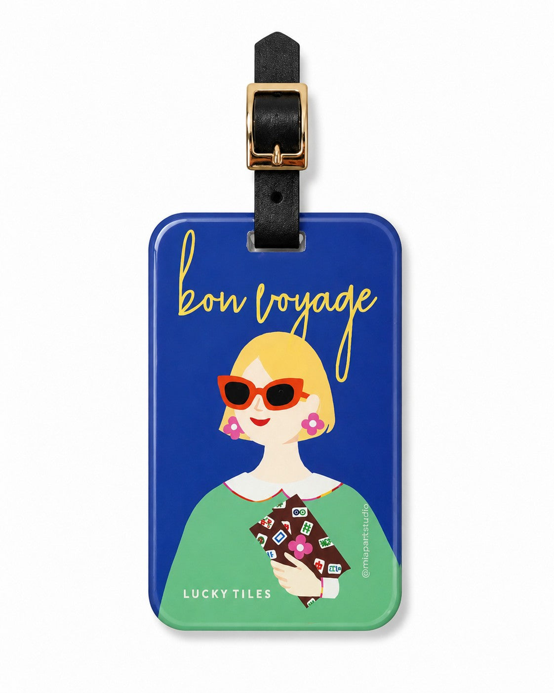 Lucky Tiles luggage tag featuring a stylish modern muse with bold sunglasses and a Mahjong-inspired clutch against a cobalt blue background