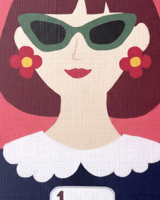 Close-up of The One and Only Prime Dot greeting card featuring a stylish woman with bold sunglasses and floral earrings