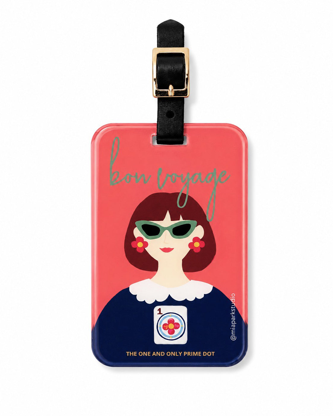 The One and Only Prime Dot luggage tag featuring a stylish modern muse with floral earrings, bold sunglasses, and a One Dot Mahjong tile motif against a coral background