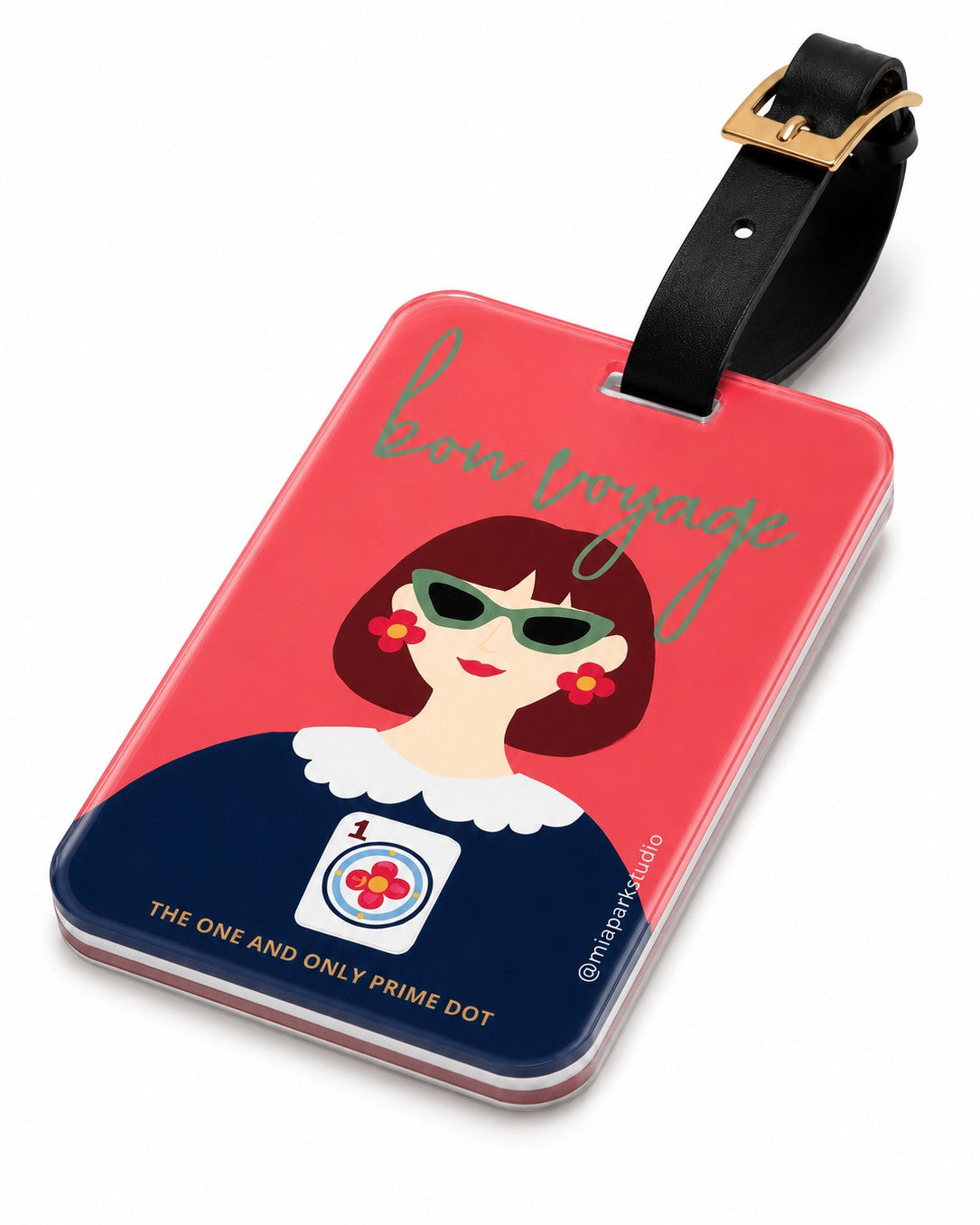 The One and Only Prime Dot acrylic luggage tag featuring a stylish modern muse with floral earrings and a One Dot Mahjong tile motif
