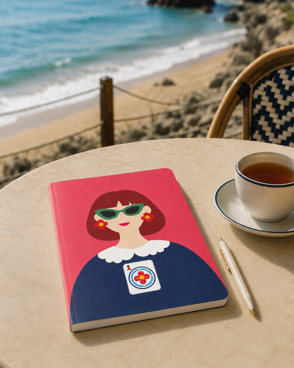 The One and Only Prime Dot soft cover journal resting on a seaside café table beside a cup of tea and ivory pen, with an ocean view in the background.