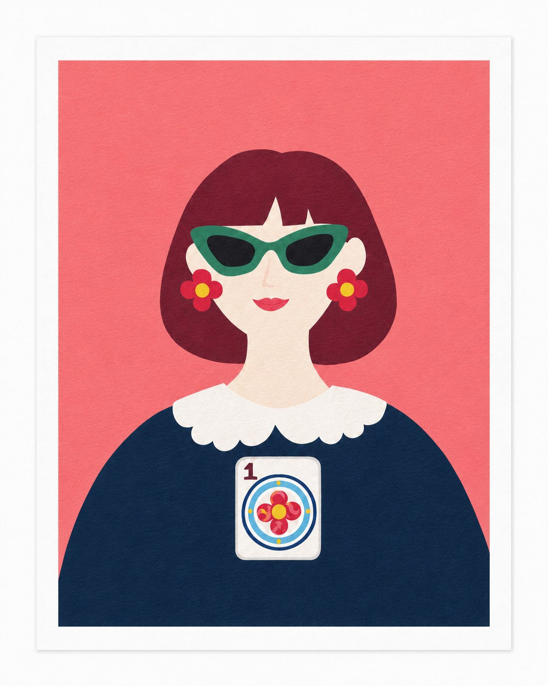 The One and Only Prime Dot art print featuring a modern muse with a One Dot Mahjong tile, floral earrings, and bold statement sunglasses.