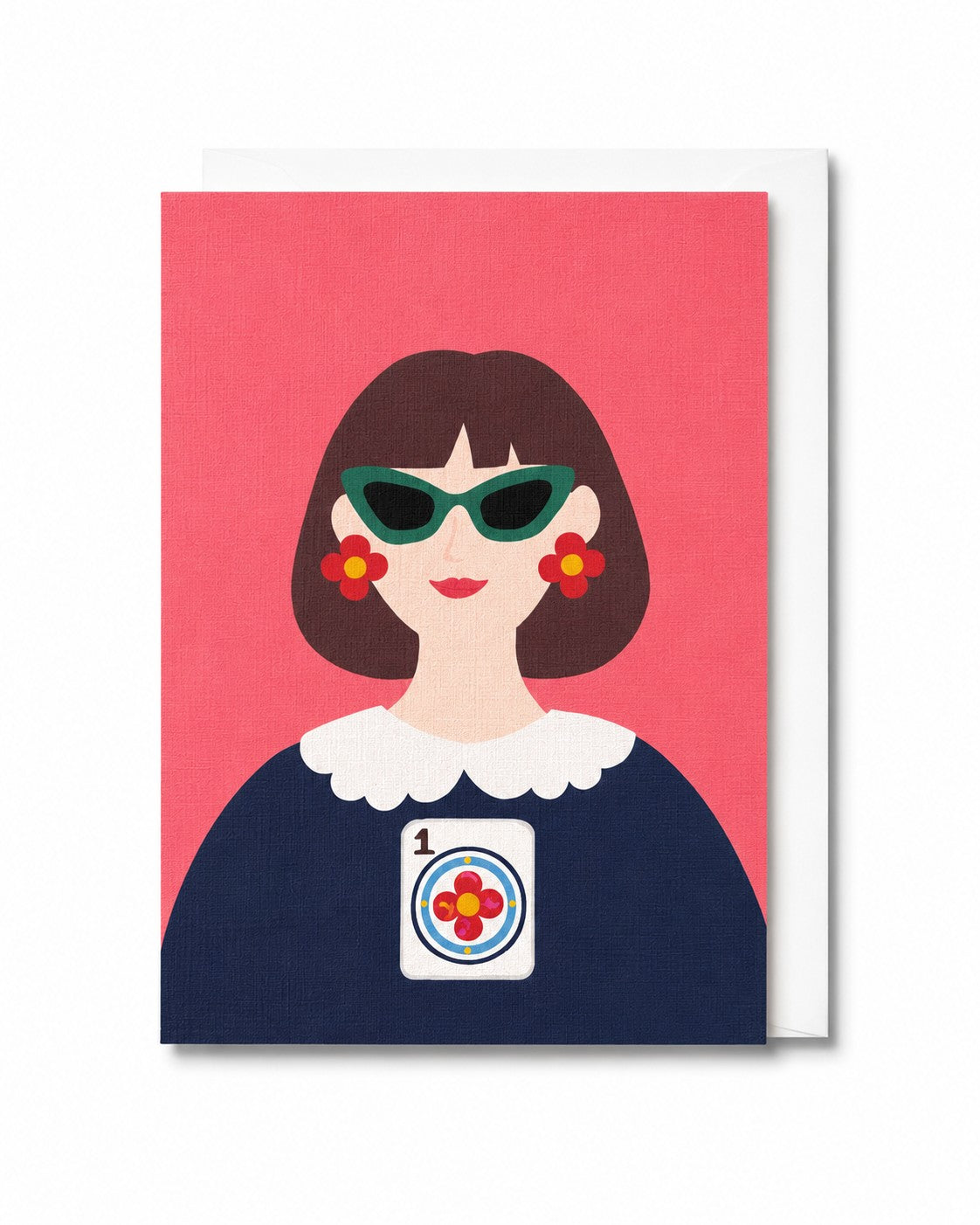 The One and Only Prime Dot greeting card featuring a stylish woman with bold sunglasses, floral earrings, and a One Dot Mahjong tile motif against a coral background