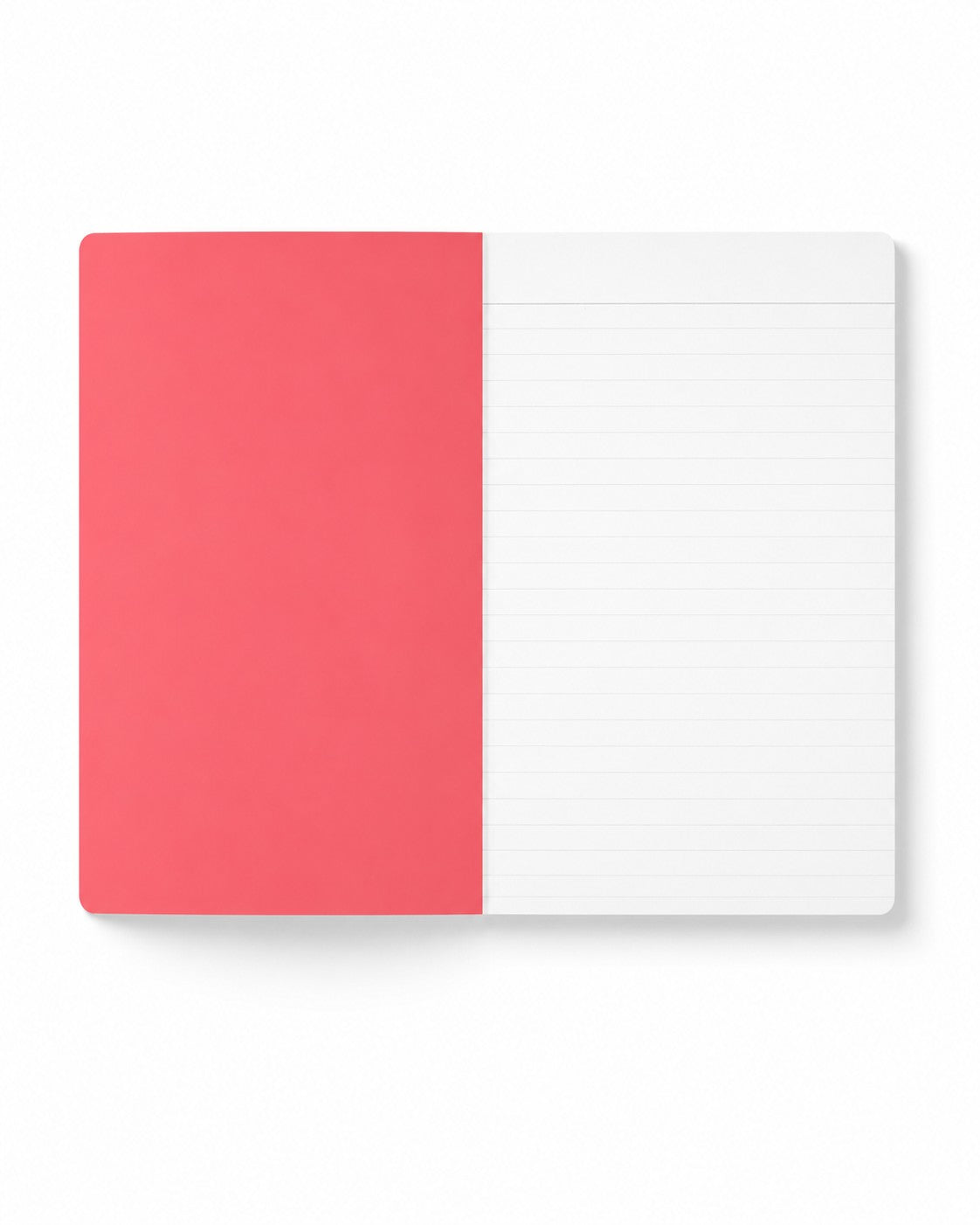 Open view of The One and Only Prime Dot soft cover journal showing the coral inside cover and lined interior pages with rounded corners.