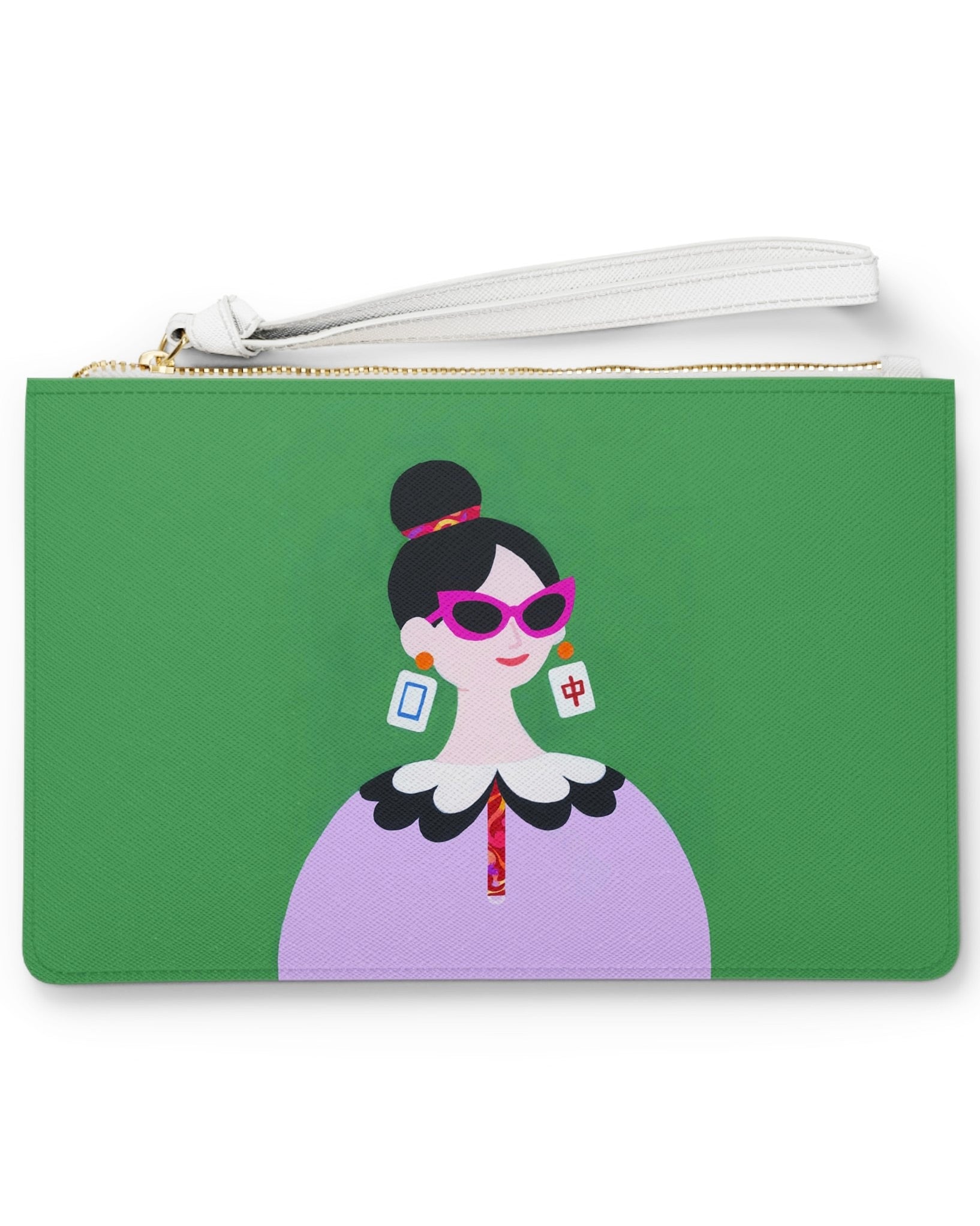 The Dragon Pair clutch bag featuring a stylish modern muse with dragon tile inspired earrings and bold sunglasses against an emerald green background