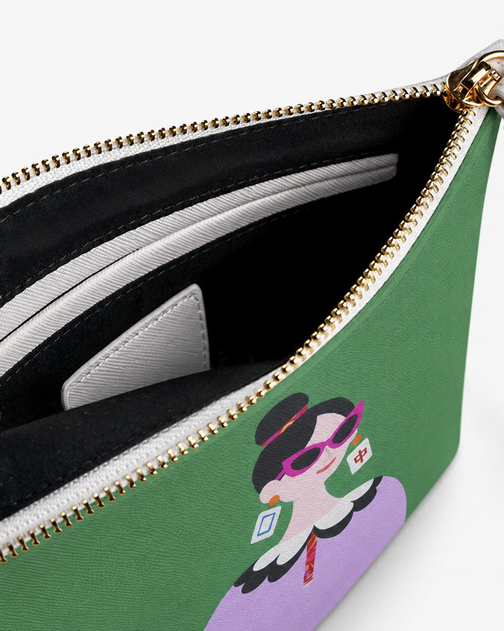 Open The Dragon Pair clutch bag showing black lining, zip closure, and interior compartment
