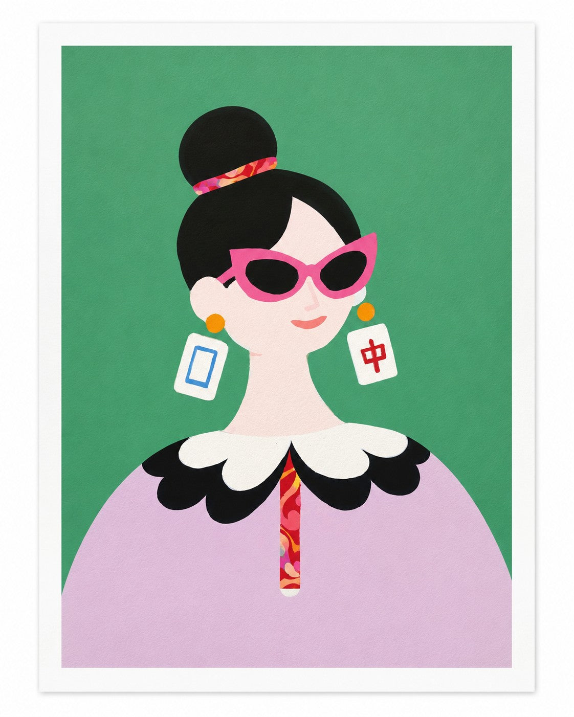 The Dragon Pair art print featuring a modern muse with dragon tile inspired earrings, bold pink sunglasses, and an emerald green background.