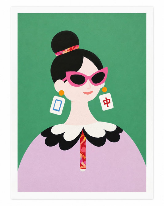The Dragon Pair art print featuring a modern muse with dragon tile inspired earrings, bold pink sunglasses, and an emerald green background.