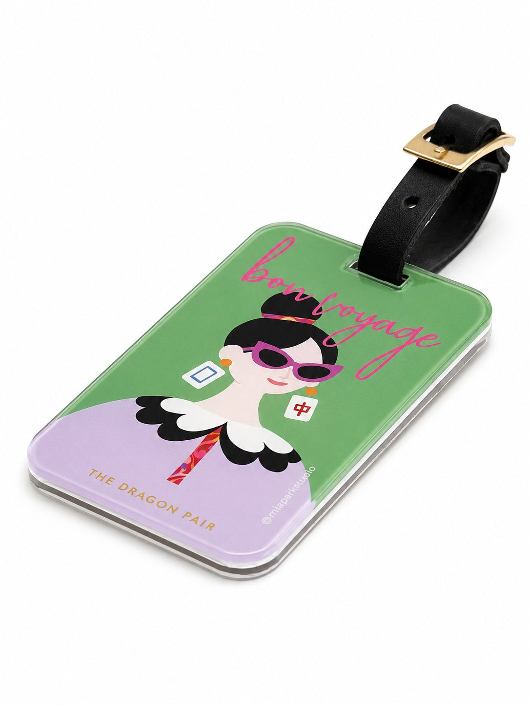 The Dragon Pair acrylic luggage tag featuring a stylish modern muse and dragon tile inspired details