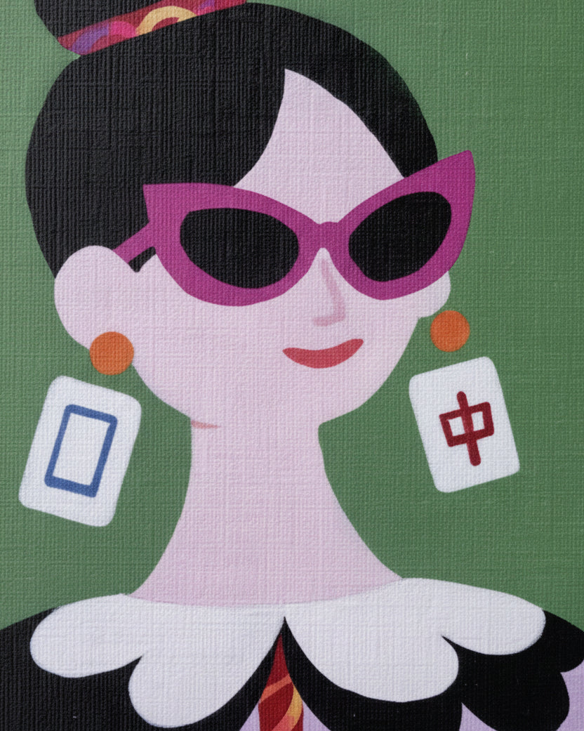 Close-up of The Dragon Pair greeting card featuring a stylish woman wearing bold sunglasses and dragon tile earrings