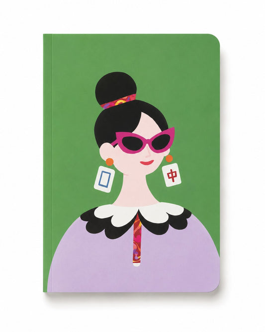 The Dragon Pair Journal featuring a stylish modern muse with bold pink sunglasses and Mahjong Dragon tile earrings on a vibrant green background