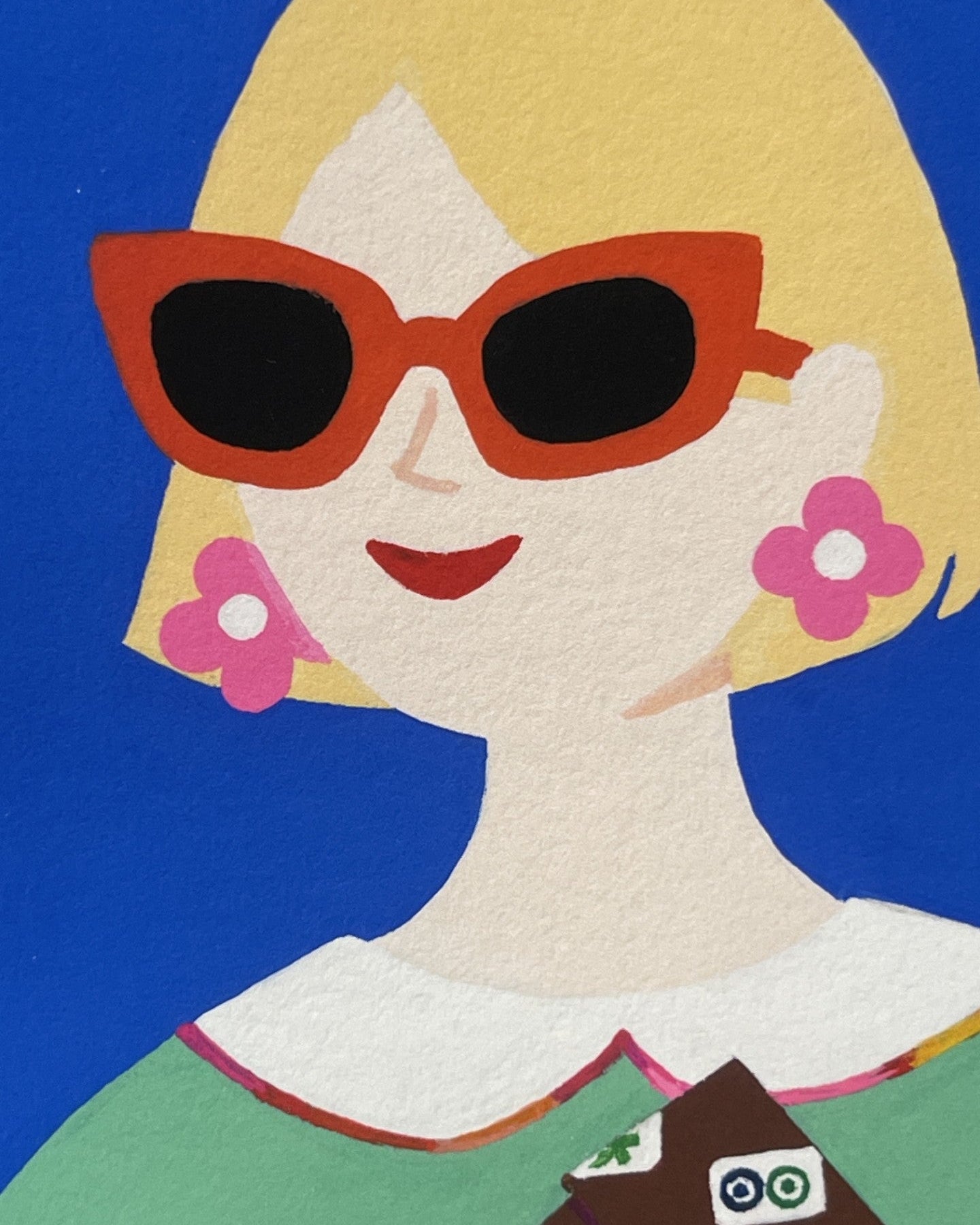 Close-up detail of the Lucky Tiles artwork featuring a modern muse with orange sunglasses and pink floral earrings.