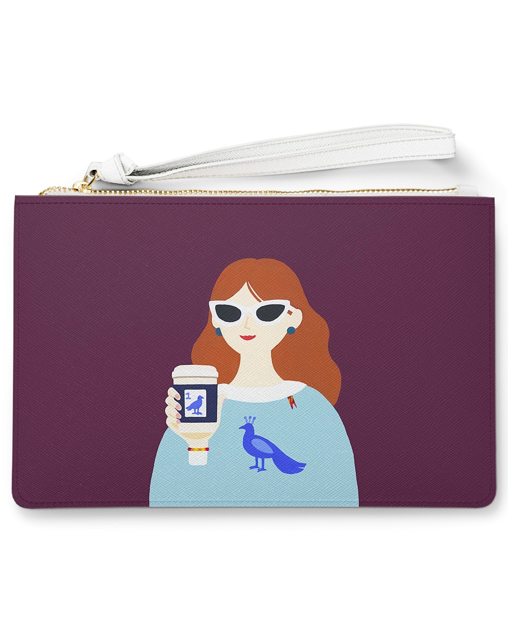 Before the Game clutch bag featuring a stylish modern muse with a coffee cup, Bird Bam tile inspired details, and bold sunglasses against a plum background