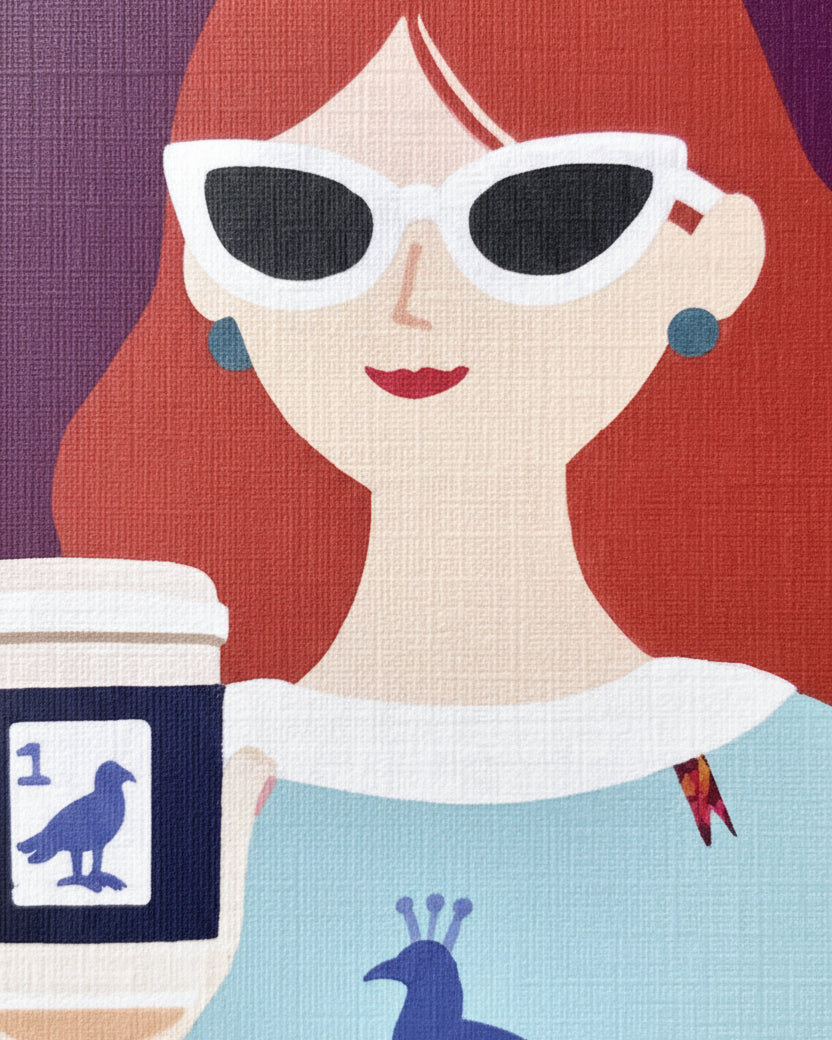 Close-up of Before the Game greeting card featuring a stylish modern muse with a coffee cup and Bird Bam tile inspired details