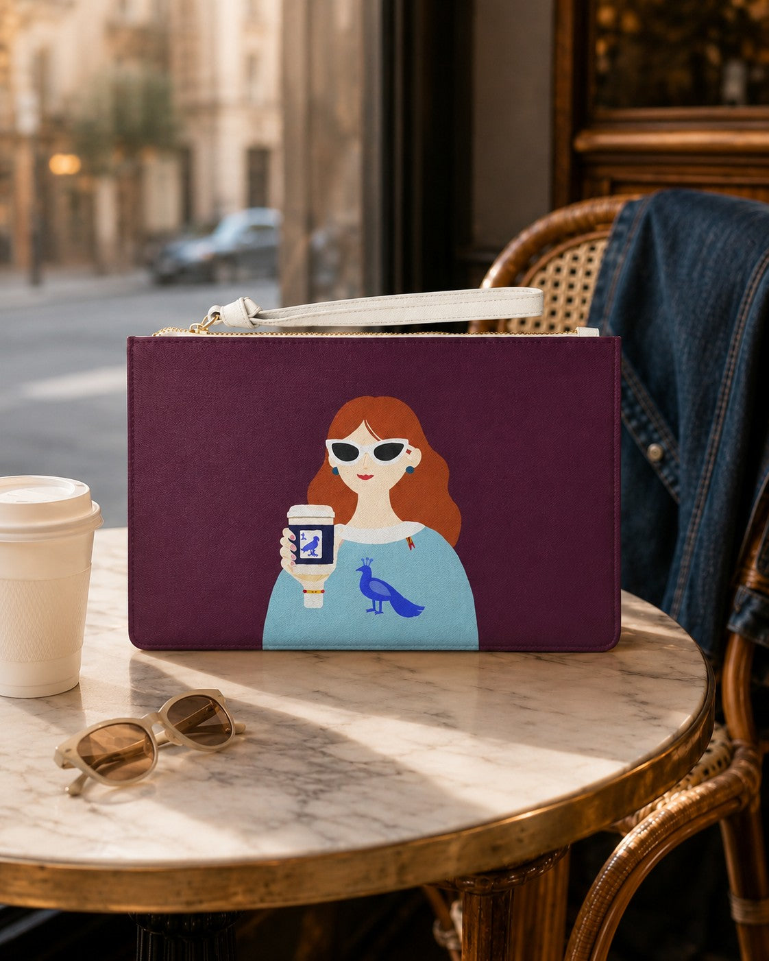 Before the Game clutch bag displayed on a café table with a coffee cup