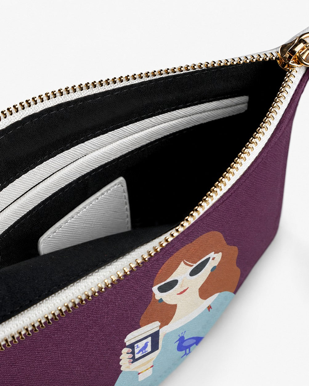 Open Before the Game clutch bag showing black lining, zip closure, and interior compartment
