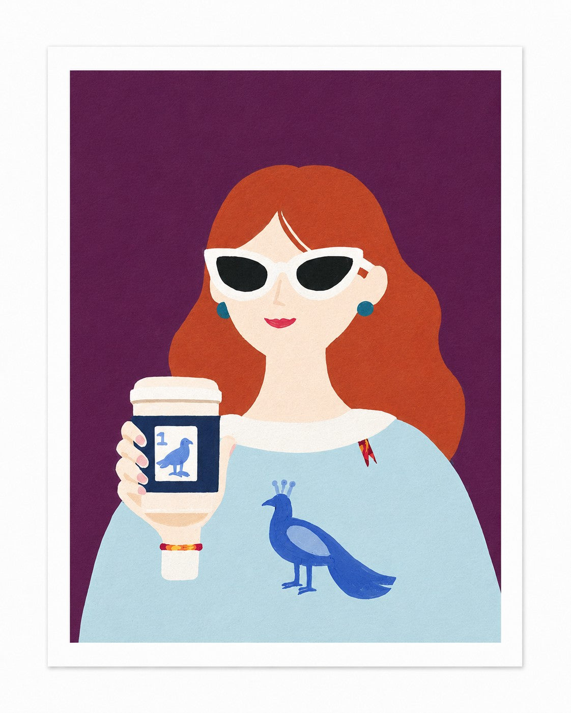 Before the Game art print featuring a modern muse holding a coffee cup with Bird Bam tile details against a rich plum background.