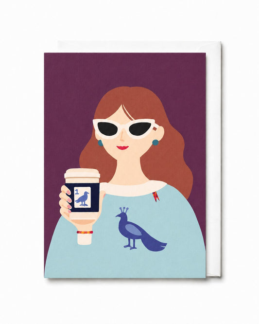 Before the Game greeting card featuring a stylish modern muse with a coffee cup, Bird Bam tile inspired details, and bold sunglasses against a plum background