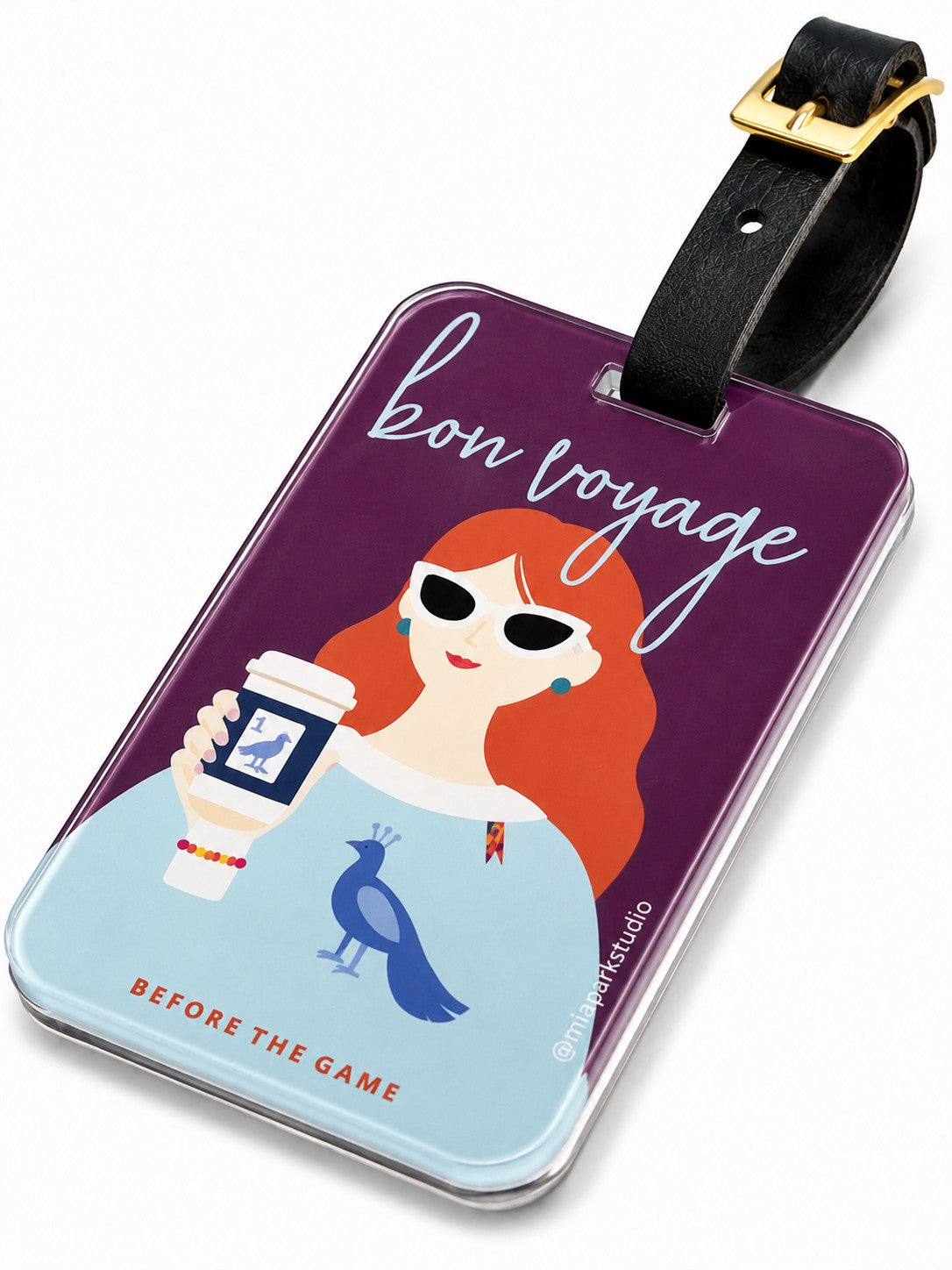 Before the Game acrylic luggage tag featuring a stylish modern muse holding a coffee cup