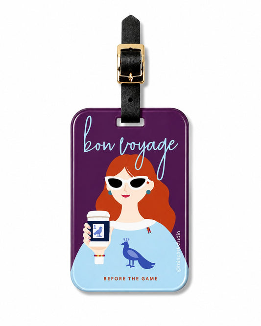 Before the Game luggage tag featuring a stylish modern muse with auburn hair, bold sunglasses, a coffee cup, and Bird Bam tile inspired details against a plum background
