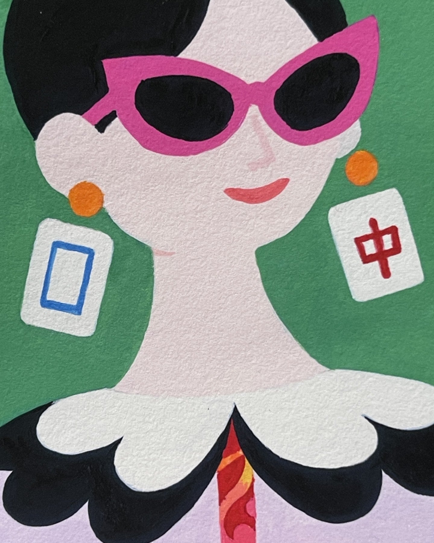 Close-up detail of The Dragon Pair artwork featuring a modern muse with pink sunglasses and dragon tile inspired earrings.