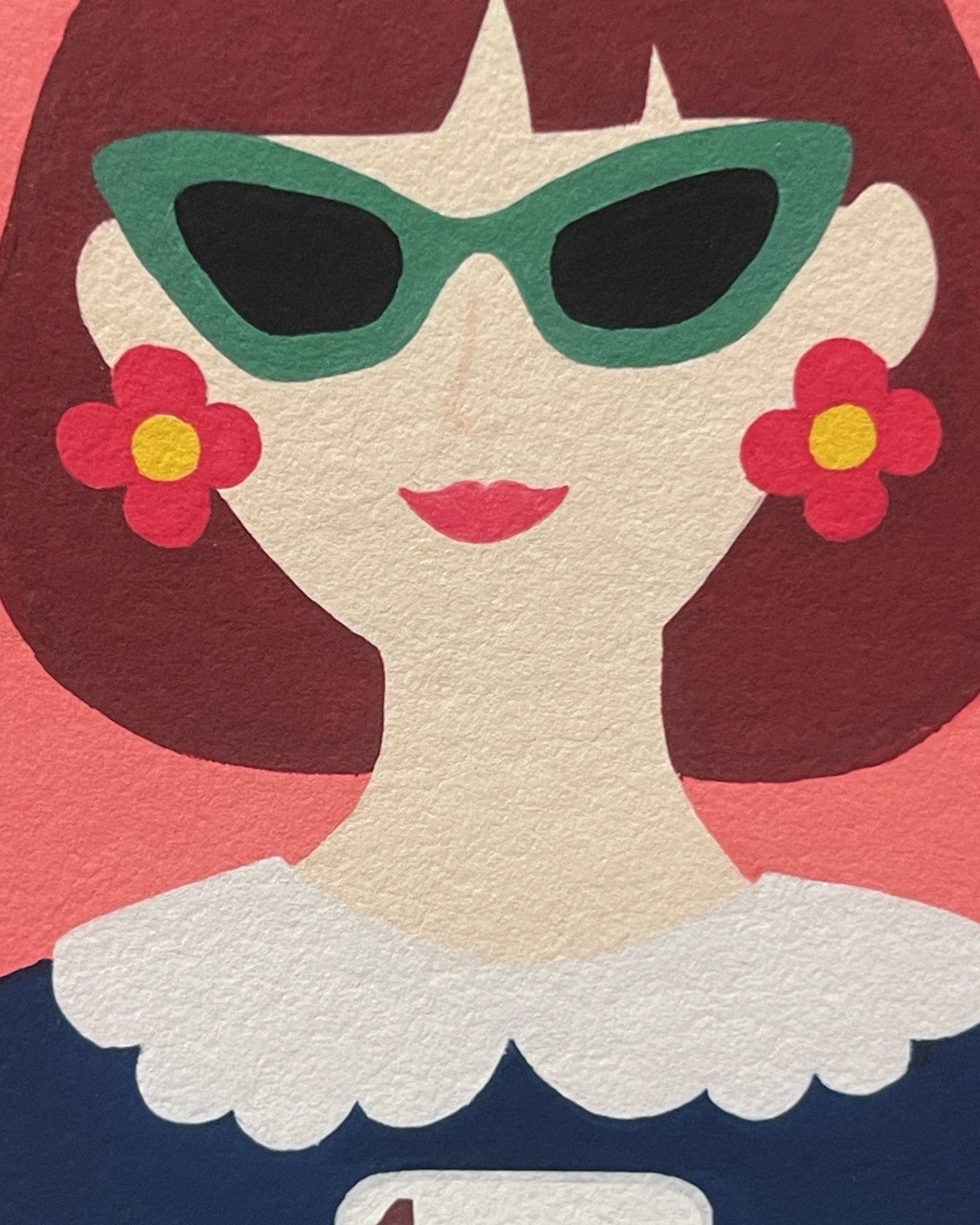 Close-up detail of The One and Only Prime Dot artwork featuring a modern muse with green sunglasses and floral earrings.
